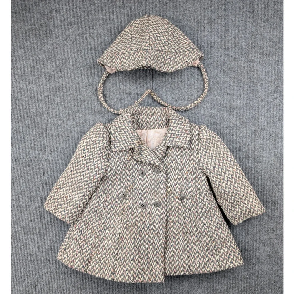 Vintage Freeway Fashions Pea Coat Set Kid Girls 2T Herringbone Bonnet Hat Retro
